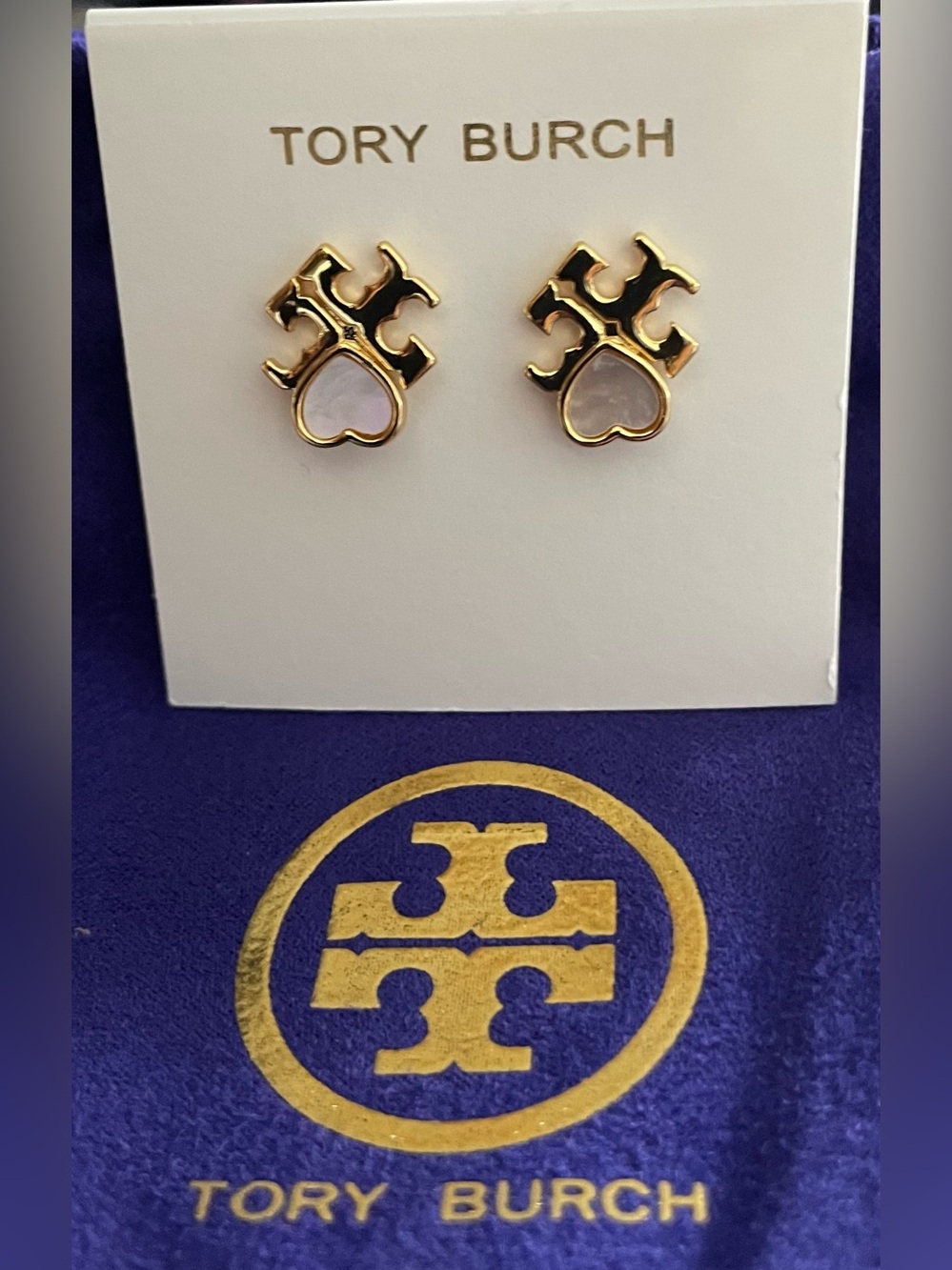 Tory Burch Gold Logo Heart Stud Earrings with Pale Pink Inlay